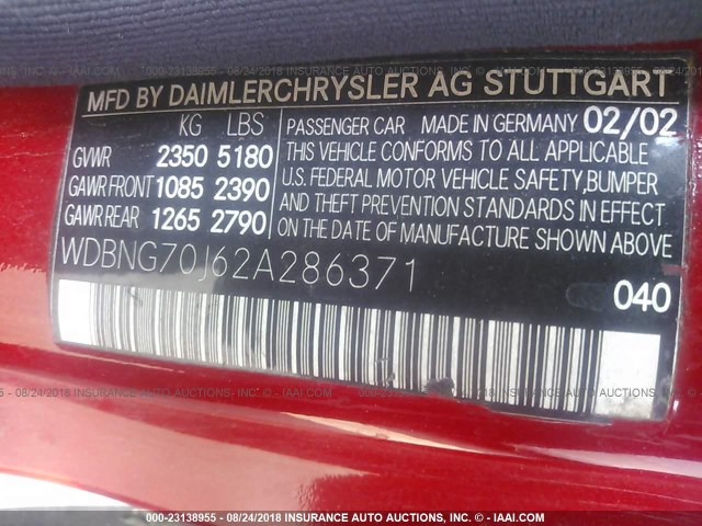WDBNG70J62A286371 - 2002 MERCEDES-BENZ S 430 RED photo 9