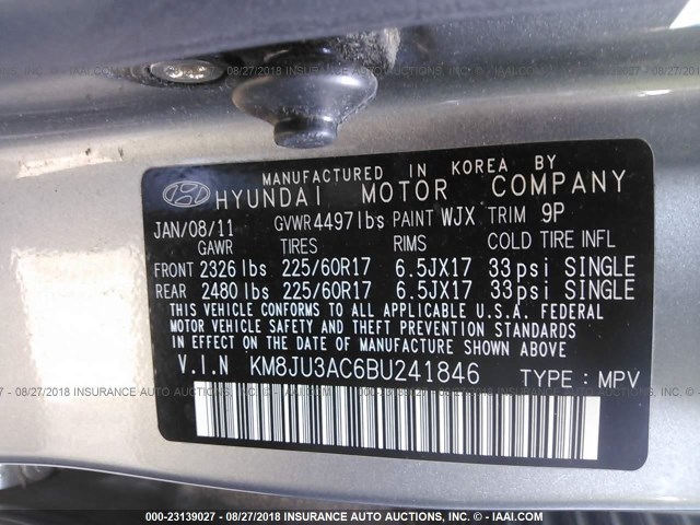 KM8JU3AC6BU241846 - 2011 HYUNDAI TUCSON GLS/LIMITED ნაცრისფერი ფოტო 9