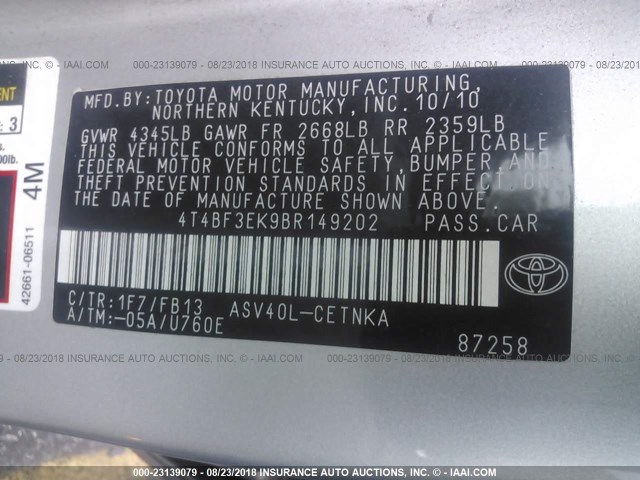 4T4BF3EK9BR149202 - 2011 TOYOTA CAMRY SE/LE/XLE 银色 照片 9