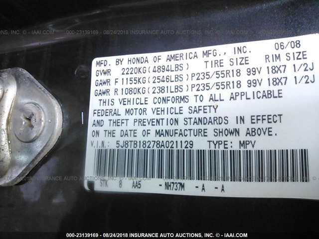 5J8TB18278A021129 - 2008 ACURA RDX SILVER photo 9