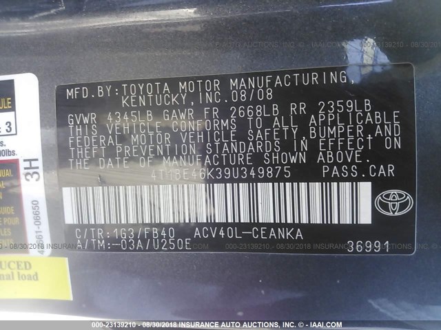 4T1BE46K39U349875 - 2009 TOYOTA CAMRY SE/LE/XLE GRAY photo 9