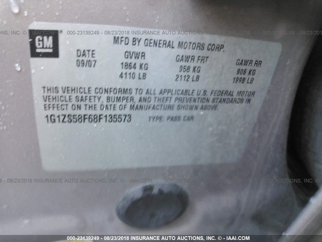 1G1ZS58F68F135573 - 2008 CHEVROLET MALIBU LS ფერფლისფერი ფოტო 9