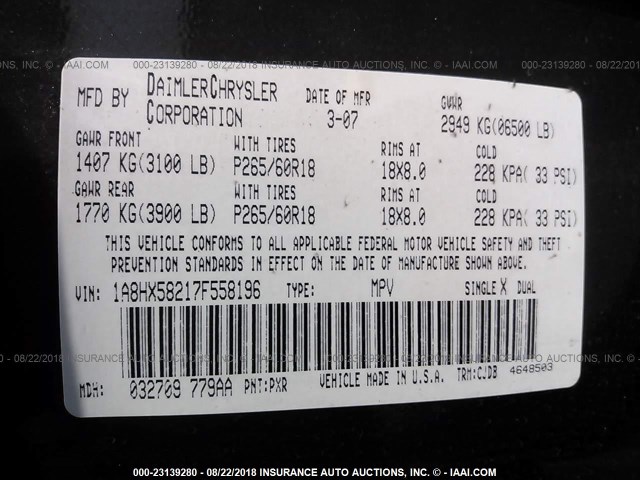 1A8HX58217F558196 - 2007 CHRYSLER ASPEN LIMITED შავი ფოტო 9