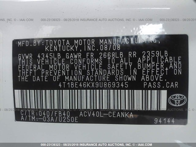 4T1BE46KX9U869345 - 2009 TOYOTA CAMRY SE/LE/XLE თეთრი ფოტო 9