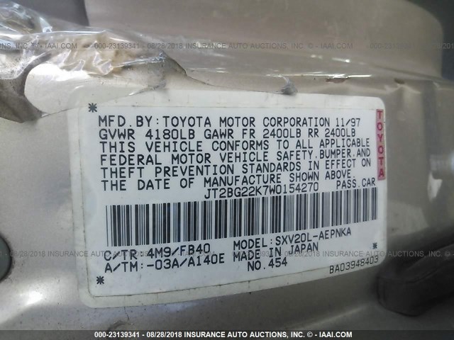 JT2BG22K7W0154270 - 1998 TOYOTA CAMRY CE/LE/XLE 金色 照片 9