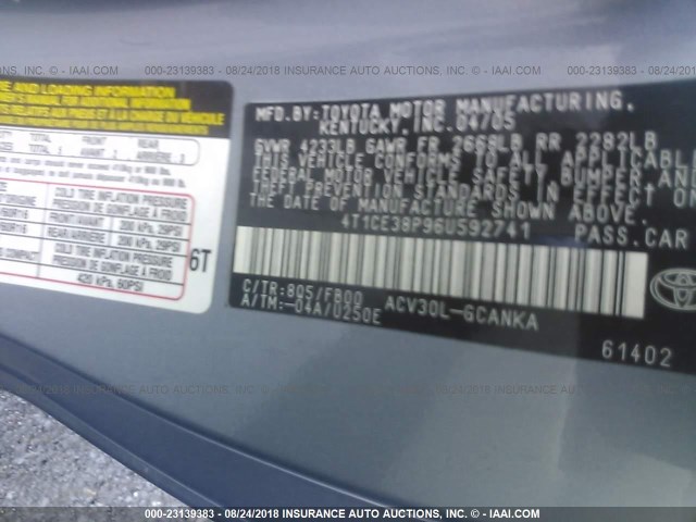 4T1CE38P96U592741 - 2006 TOYOTA CAMRY SOLARA SE/SLE ღია ლურჯი ფოტო 9