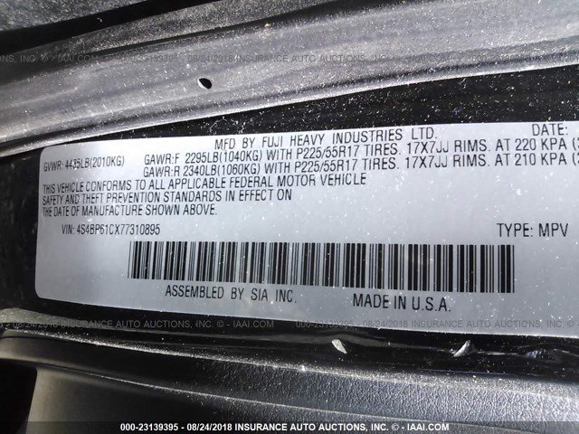 4S4BP61CX77310895 - 2007 SUBARU LEGACY OUTBACK 2.5I BLACK photo 9