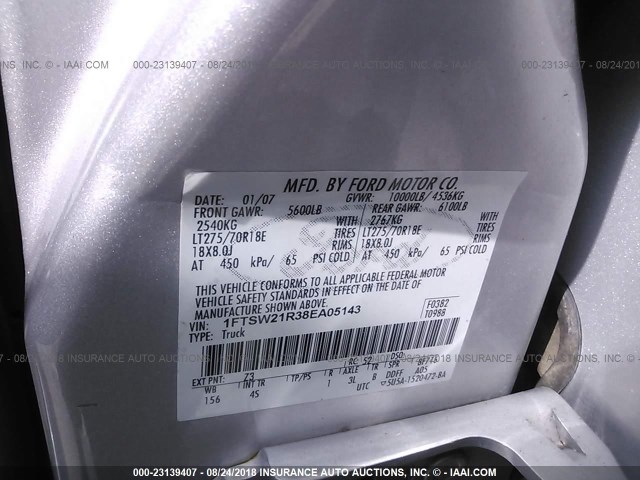 1FTSW21R38EA05143 - 2008 FORD F250 SUPER DUTY SILVER photo 9