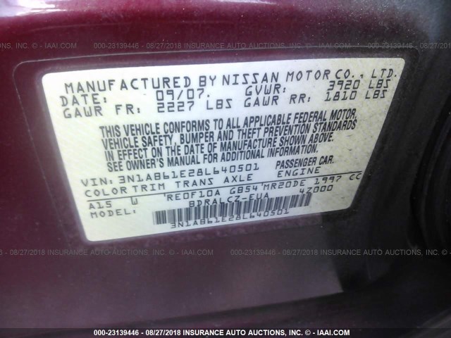 3N1AB61E28L640501 - 2008 NISSAN SENTRA 2.0/2.0S/2.0SL RED photo 9