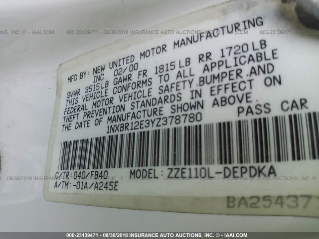 1NXBR12E3YZ378780 - 2000 TOYOTA COROLLA VE/CE/LE 白色 照片 9