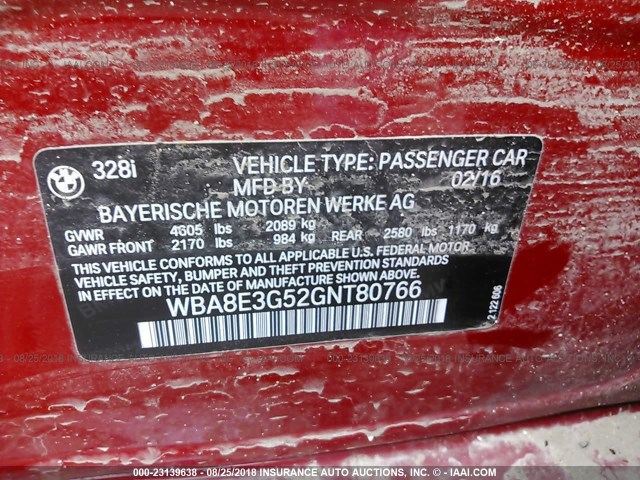 WBA8E3G52GNT80766 - 2016 BMW 328 XI SULEV RED photo 9