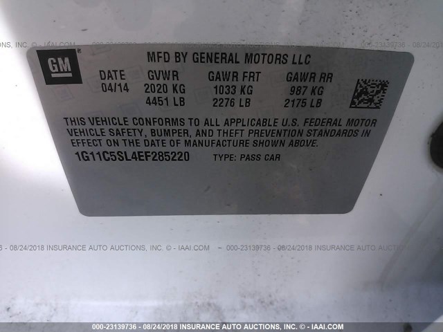 1G11C5SL4EF285220 - 2014 CHEVROLET MALIBU 1LT 白色 照片 9