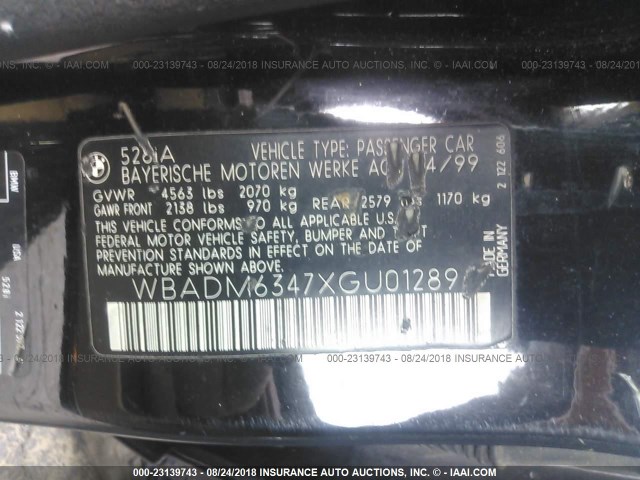 WBADM6347XGU01289 - 1999 BMW 528 I AUTOMATIC BLACK photo 9