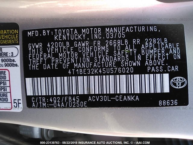 4T1BE32K45U576020 - 2005 TOYOTA CAMRY LE/XLE/SE Алтын фото 9