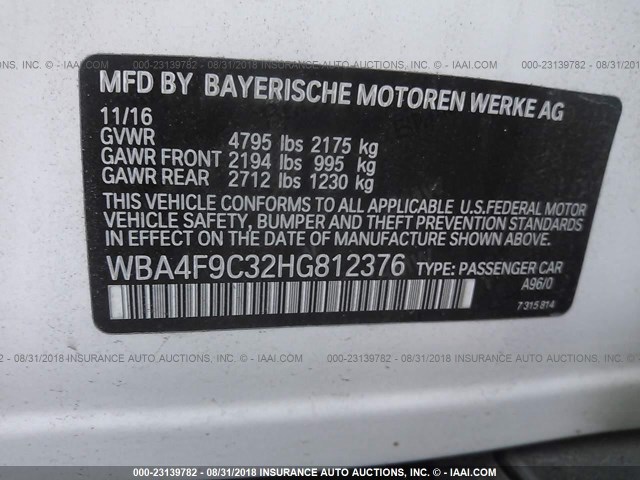 WBA4F9C32HG812376 - 2017 BMW 430XI GRAN COUPE WHITE photo 9