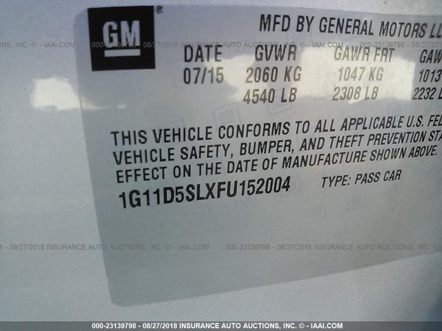 1G11D5SLXFU152004 - 2015 CHEVROLET MALIBU 2LT SILVER photo 9