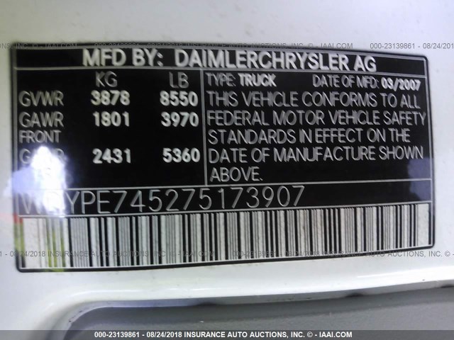 WDYPE745275173907 - 2007 FREIGHTLINER 2500 SPRINTER 2500 WHITE photo 9