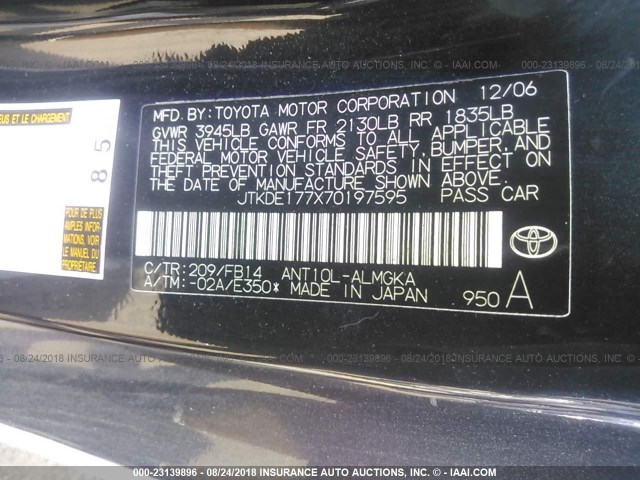 JTKDE177X70197595 - 2007 TOYOTA SCION TC 白色 照片 9