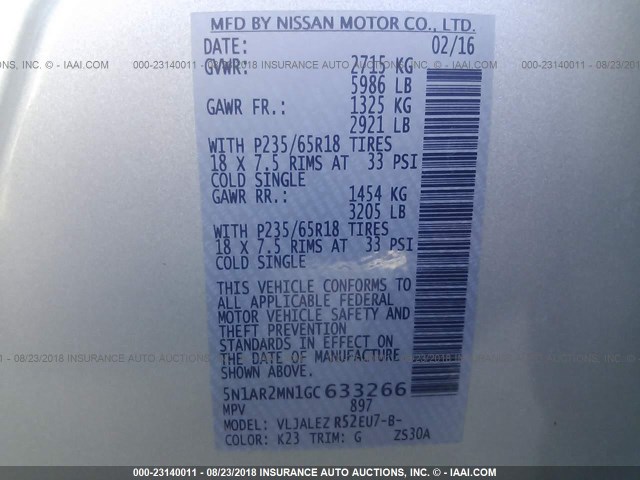 5N1AR2MN1GC633266 - 2016 NISSAN PATHFINDER S/SV/SL/PLATINUM SILVER photo 9