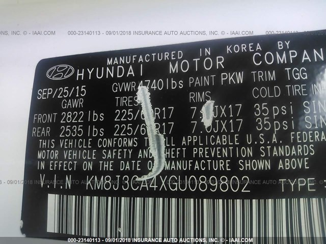 KM8J3CA4XGU089802 - 2016 HYUNDAI TUCSON LIMITED/SPORT AND ECO/SE WHITE photo 9