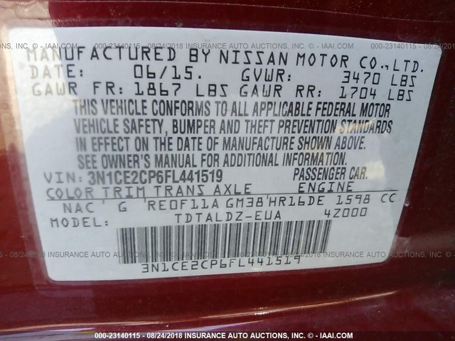 3N1CE2CP6FL441519 - 2015 NISSAN VERSA NOTE S/S PLUS/SV/SL/SR RED photo 9