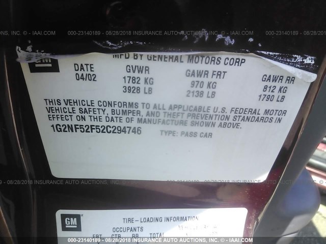 1G2NF52F52C294746 - 2002 PONTIAC GRAND AM SE1 MAROON photo 9