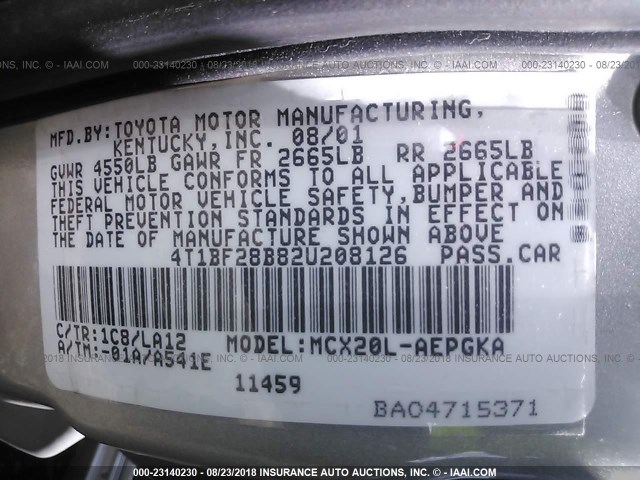 4T1BF28B82U208126 - 2002 TOYOTA AVALON XL/XLS SILVER photo 9