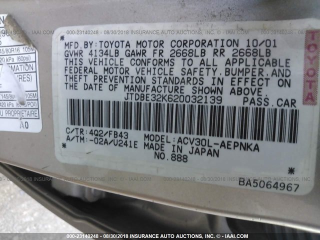 JTDBE32K620032139 - 2002 TOYOTA CAMRY LE/XLE/SE GOLD photo 9