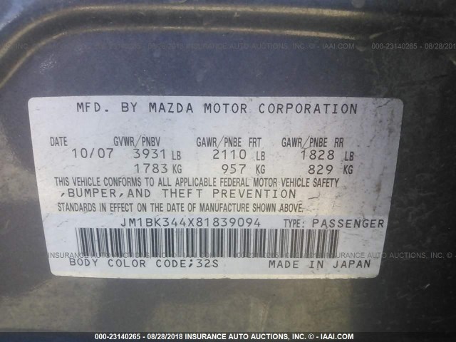 JM1BK344X81839094 - 2008 MAZDA 3 HATCHBACK GRAY photo 9