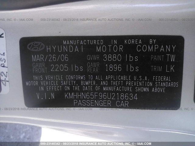 KMHHN65F96U218634 - 2006 HYUNDAI TIBURON GT/SE/GT LIMITED SILVER photo 9