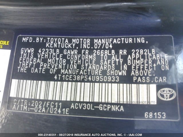 4T1CE38P54U950933 - 2004 TOYOTA CAMRY SOLARA SE/SLE BLACK photo 9