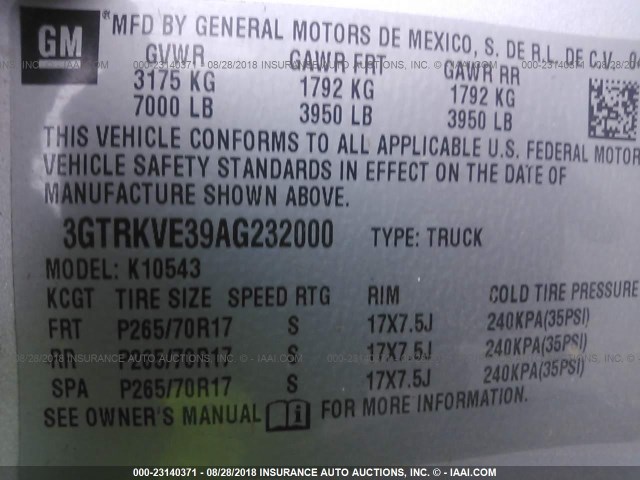 3GTRKVE39AG232000 - 2010 GMC SIERRA K1500 SLE SILVER photo 9