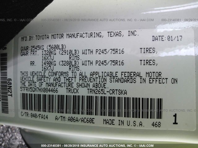 5TFRX5GN7HX084466 - 2017 TOYOTA TACOMA ACCESS CAB/SR/SR5 白色 照片 9