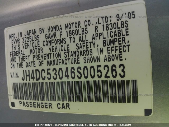 JH4DC53046S005263 - 2006 ACURA RSX TYPE-S SILVER photo 9