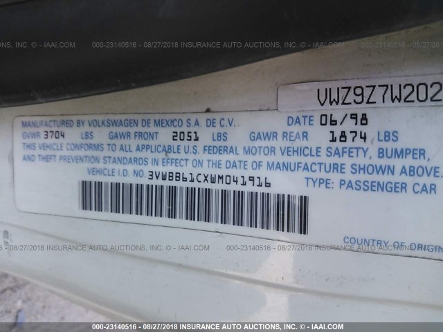 3VWBB61CXWM041916 - 1998 VOLKSWAGEN NEW BEETLE 白色 照片 9