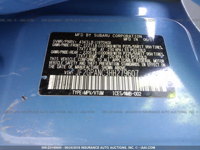 JF2GPANC3HH279607 - 2017 SUBARU CROSSTREK LIMITED BLUE photo 9