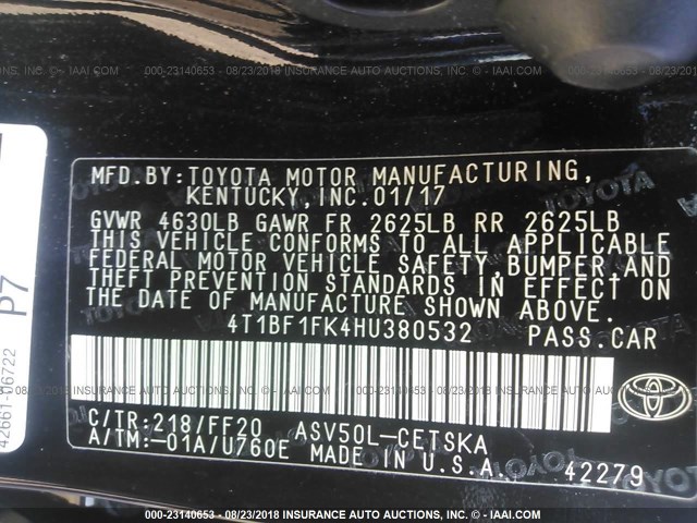 4T1BF1FK4HU380532 - 2017 TOYOTA CAMRY LE/XLE/SE/XSE BLACK photo 9