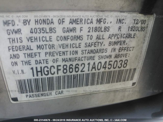 1HGCF86621A045038 - 2001 HONDA ACCORD VALUE SILVER photo 9