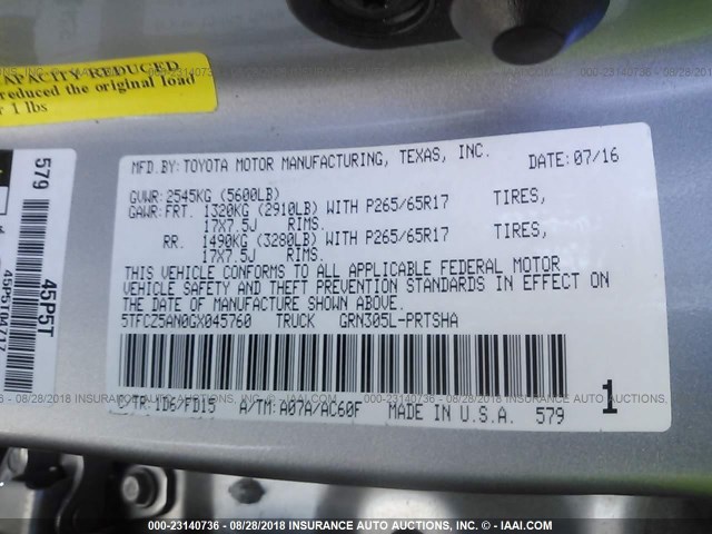 5TFCZ5AN0GX045760 - 2016 TOYOTA TACOMA DBL CAB/SR/SR5/TRD SPT/OR SILVER photo 9