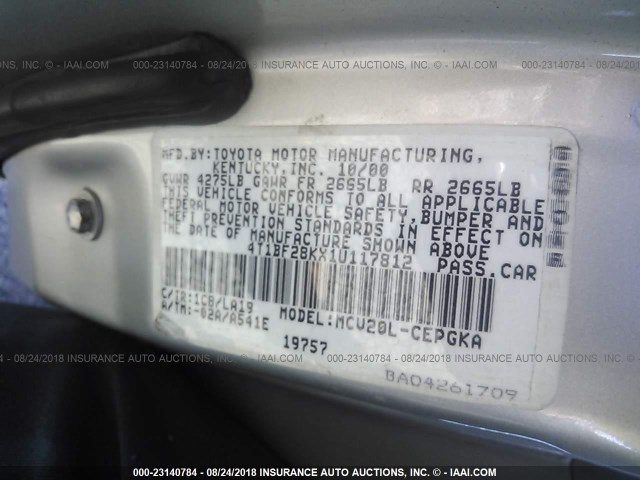 4T1BF28KX1U117812 - 2001 TOYOTA CAMRY LE/XLE 银色 照片 9