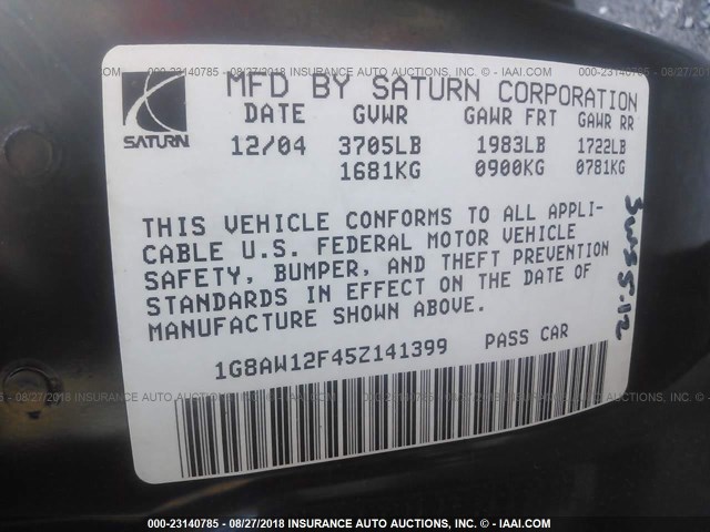 1G8AW12F45Z141399 - 2005 SATURN ION LEVEL 3 RED photo 9