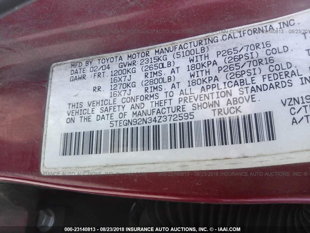 5TEGN92N34Z372595 - 2004 TOYOTA TACOMA DOUBLE CAB PRERUNNER RED photo 9