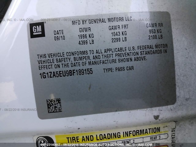 1G1ZA5EU9BF189155 - 2011 CHEVROLET MALIBU LS თეთრი ფოტო 9