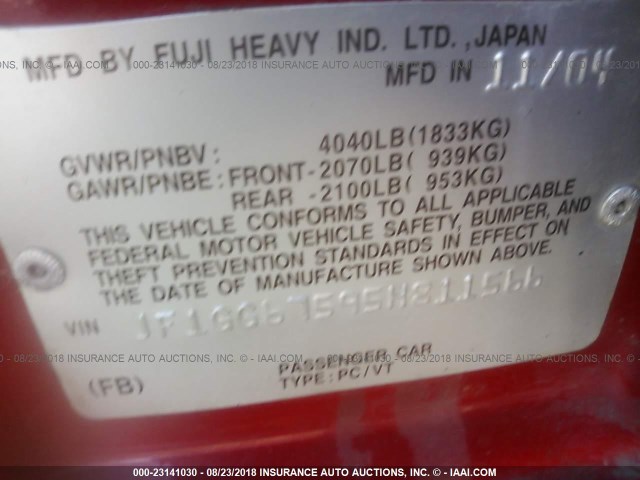 JF1GG67595H811566 - 2005 SUBARU IMPREZA RS RED photo 9