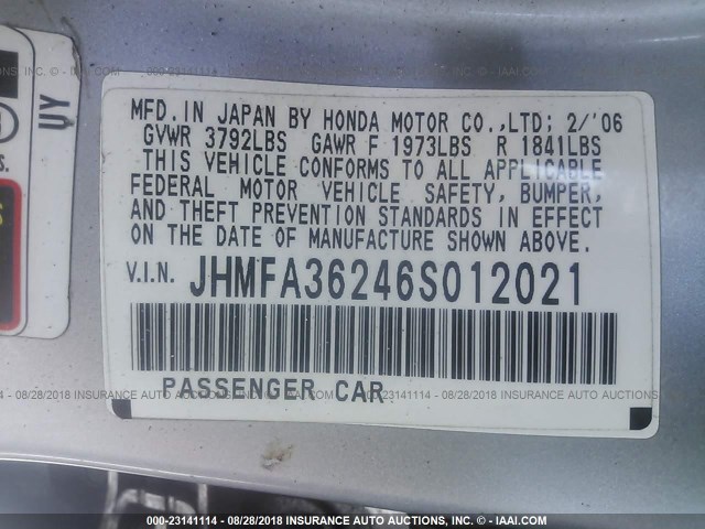 JHMFA36246S012021 - 2006 HONDA CIVIC HYBRID SILVER photo 9