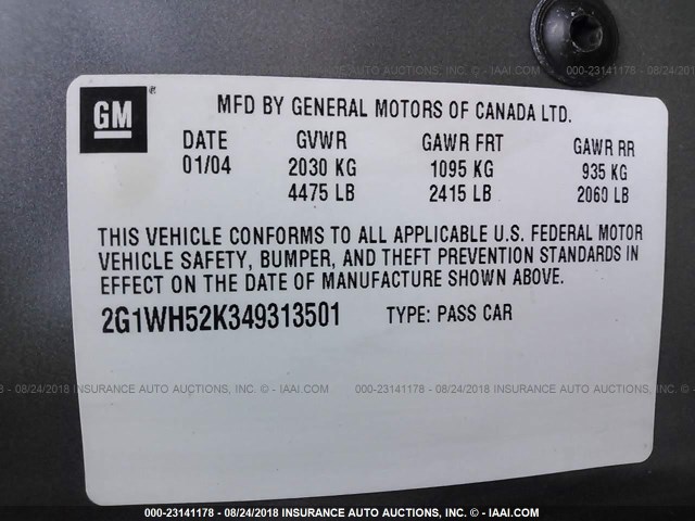 2G1WH52K349313501 - 2004 CHEVROLET IMPALA LS GRAY photo 9