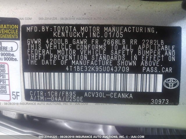 4T1BE32K95U043709 - 2005 TOYOTA CAMRY LE/XLE/SE Gümüş foto 9