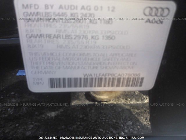 WA1LFAFP8CA078086 - 2012 AUDI Q5 PREMIUM PLUS BLACK photo 9