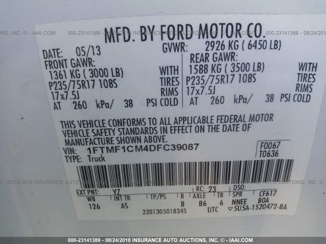 1FTMF1CM4DFC39087 - 2013 FORD F150 WHITE photo 9