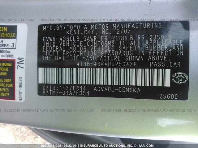 4T1BE46K48U250478 - 2008 TOYOTA CAMRY CE/LE/XLE/SE GRAY photo 9